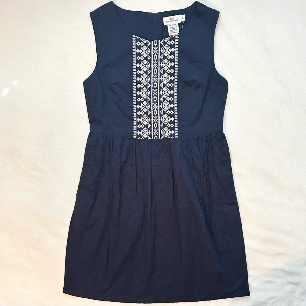 Vineyard Vines Embroidered Fit Flare Dress Girls 8 Nautical Navy Sleeveless NWT